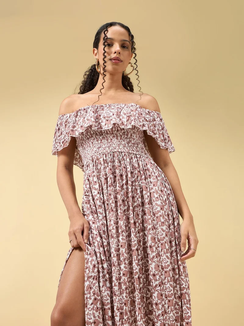 Outzidr beige Beige Off Shoulder High Slit Dress for Women | Best Price UAE